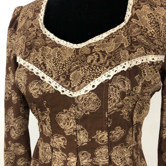 Vintage Brown Floral Maxi Dress Cottagecore Regency Era - Picture 6 of 6